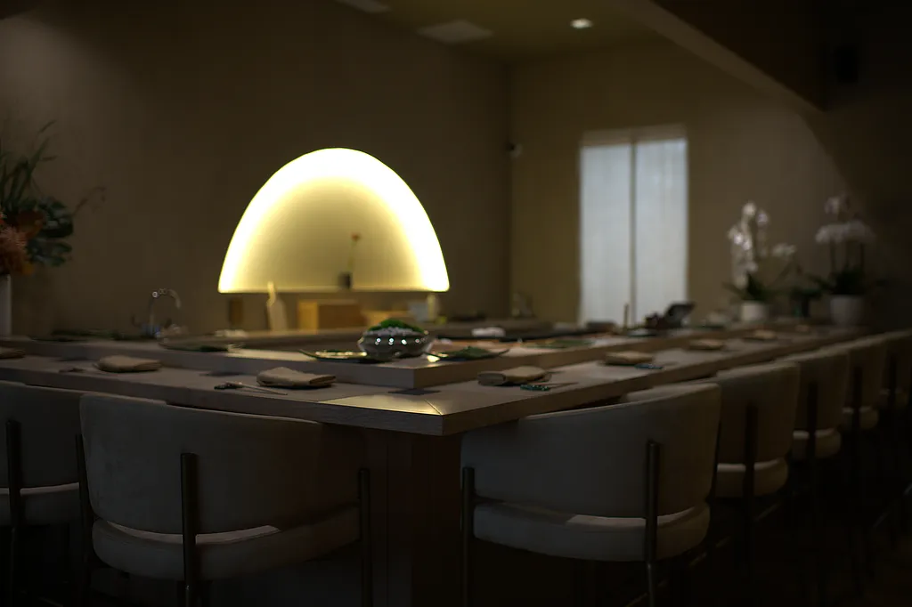 The counter lit by its arched light before service
